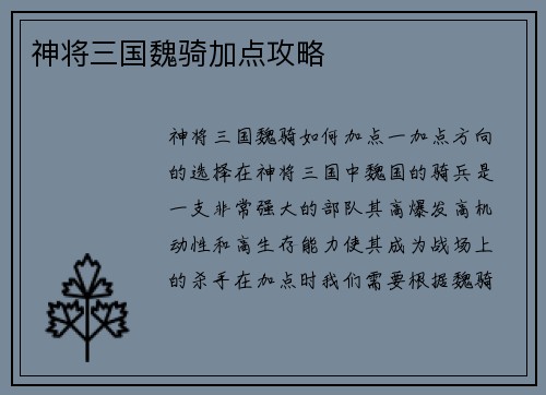 神将三国魏骑加点攻略